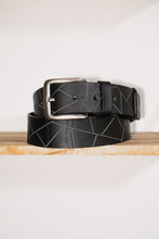 Handcrafted men’s leather belt with geometric embossed design and silver buckle – personalized gift