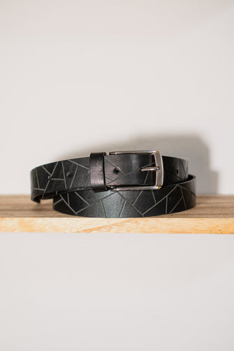 Handcrafted black geometric embossed leather belt with silver buckle – full-grain men’s belt, fashion racing style, personalized gift