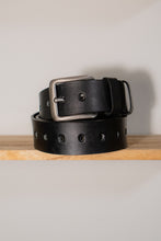 Handcrafted black leather belt with multiple punched holes and silver rectangular buckle – genuine full-grain, personalized men’s gift