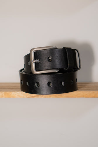 Handcrafted black leather belt with multiple punched holes and silver rectangular buckle – genuine full-grain, personalized men’s gift