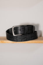 Handcrafted black crocodile-embossed leather belt with brushed silver buckle – genuine full-grain men’s belt, artisanal design, personalized gift