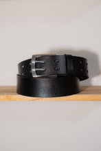 Black Leather Belt with Brushed Silver Square Buckle | Handcrafted