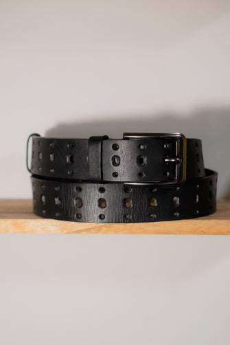 handmade perforated leather belt, genuine black leather belt men, biker style artisan belt by FashionRacing