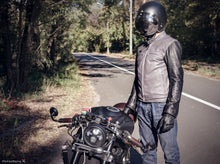 Handmade leather biker jacket rear view showing black and grey cowhide construction