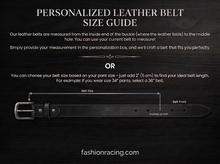 Personalized leather belt size guide with measurement points and belt length instructions.