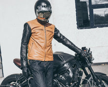 Tan & Black Café Racer Motorcycle Leather Jacket – Premium Cowhide Biker Jacket, Size 50 (M), Handmade by Fashion Racing