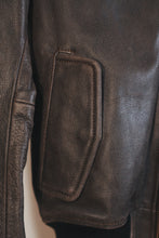 Brown leather bomber jacket pocket detail – handcrafted