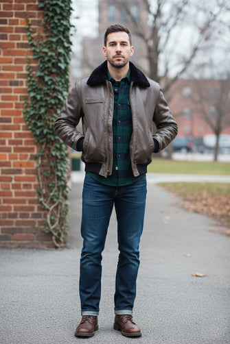 Men wearing brown leather aviator jacket