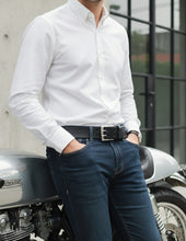 Black Leather Belt with Brushed Silver Square Buckle | Handcrafted