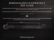 Personalized black full-grain leather belt size guide with buckle measurement instructions.
