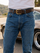 Brown full-grain leather belt with gold-tone buckle