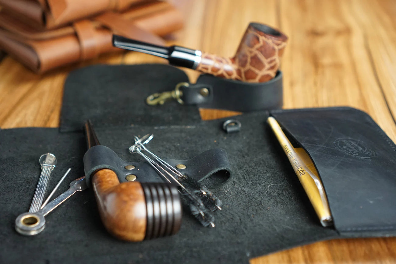 pipe tobacco carrying case Full-Grain Leather Pipe Pouch for 2 Pipes | Roll-Up Tobacco Case