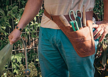 A brown leather gardening tool belt worn by a person in a garden, holding various hand tools in its front pockets.