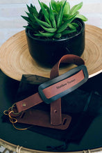 Personalized brown leather camera hand strap with engraving, handmade photography accessory