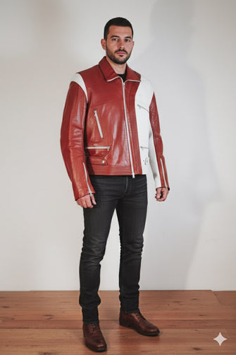 Man wearing red and white leather jacket, back view, slim fit style
