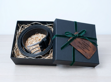 Black Double Prong Leather Belt, gift set with silver buckle in presentation box.