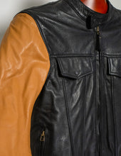 Close-up of a black and brown leather jacket with a mannequin head.