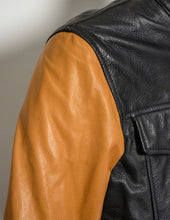 Close-up of a black and brown leather jacket.