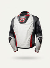 A white, black, and red leather motorcycle jacket shown from the back, featuring protective armor plates and a stylized red and black logo on the upper back, set against a light gray background.