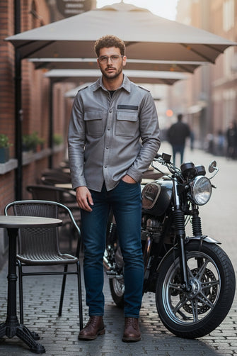 Model men wearing gray leather shirt jacket front view
