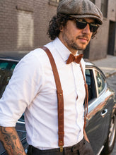 Brown leather suspenders and matching bow tie, vintage groomsmen outfit with white shirt