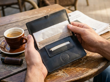 Open black leather tobacco pouch held in a person’s hands, with rolling paper and a paper filter inside