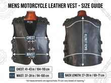 A size guide diagram for a men's motorcycle leather vest, showing front and back views on mannequins with arrows and text indicating chest, waist, and back length measurements.