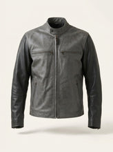 A dark gray leather jacket with contrasting black sleeves, a stand-up collar, and zippered chest pockets, Men’s black and grey leather cafe racer motorcycle jacket in classic biker style