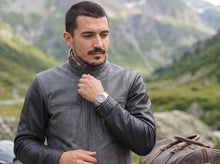 Men’s cafe racer leather jacket with snap-tab collar and YKK front zipper detail
