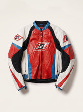 Men’s red white and blue leather motorcycle racing jacket with CE armor