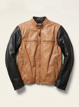 Men’s tan and black leather cafe racer motorcycle jacket with zip pockets and stand collar