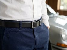 Black full-grain leather belt with silver buckle for smart everyday wear