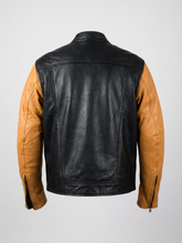 Black and brown leather jacket on a white background