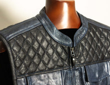 Blue Black Leather Vest diamond stitched