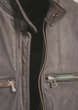 FashionRacing grey cafe racer leather motorcycle jacket partially unzipped front detail