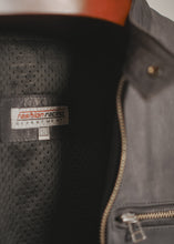 FashionRacing grey cafe racer leather motorcycle jacket inner lining and brand label detail