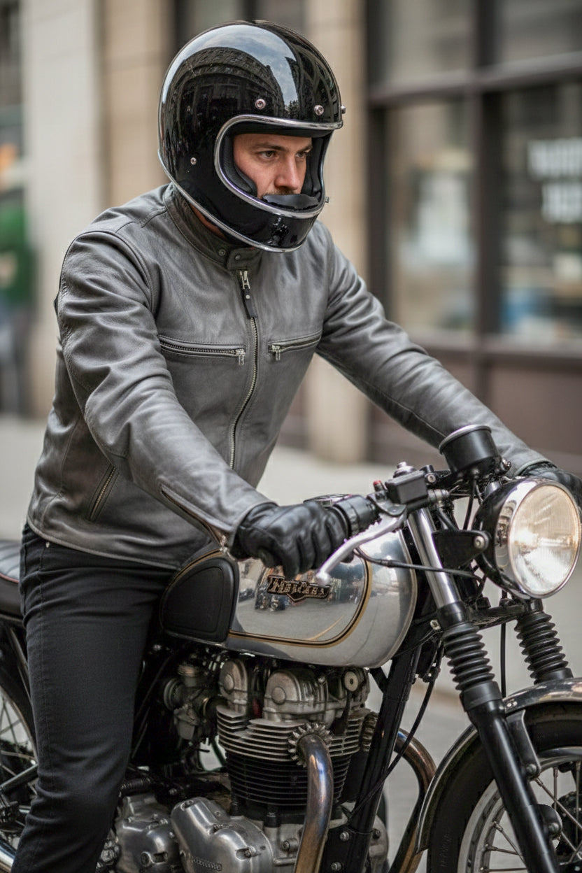 cafe racer gear Classic Black & Grey Café Leather Jacket – Handmade Anzahl der Fallen:12x Fallen Zurücksetzen der 'Service erforderlich'-Anzeige The jacket includes CE Hauptkategorie:Eigenschaften