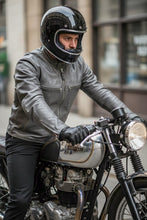 man riding cafe racer motorcycle wearing FashionRacing grey leather riding jacket with protection