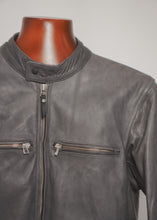 FashionRacing grey cafe racer leather motorcycle jacket chest and collar detail