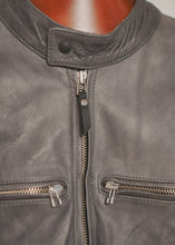 FashionRacing grey cafe racer leather motorcycle jacket front zipper and chest pocket detail