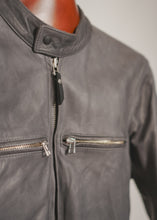 FashionRacing grey cafe racer leather motorcycle jacket angled front zipper and chest pocket detail