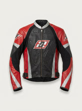 A red, black, and silver leather motorcycle jacket with a prominent red and black logo on the chest, displayed against a light gray background.
