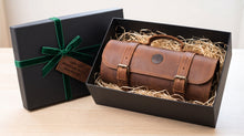 Handcrafted leather motorcycle tool roll presented in a premium gift box with a personalized anniversary gift tag, making a unique gift for motorcycle enthusiasts and riders.