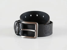 Premium personalized leather belt gift set for men featuring a genuine leather belt, matte metal buckle, black gift box, decorative filler, and custom engraved leather message tag.