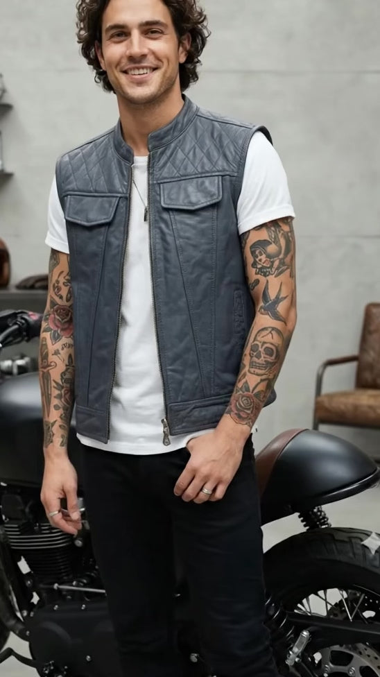 custom motorcycle gray leather vest