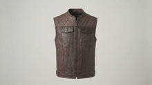 Men’s brown leather biker vest with diamond stitching