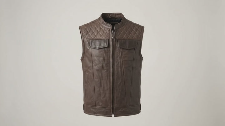 Men’s brown leather biker vest with diamond stitching