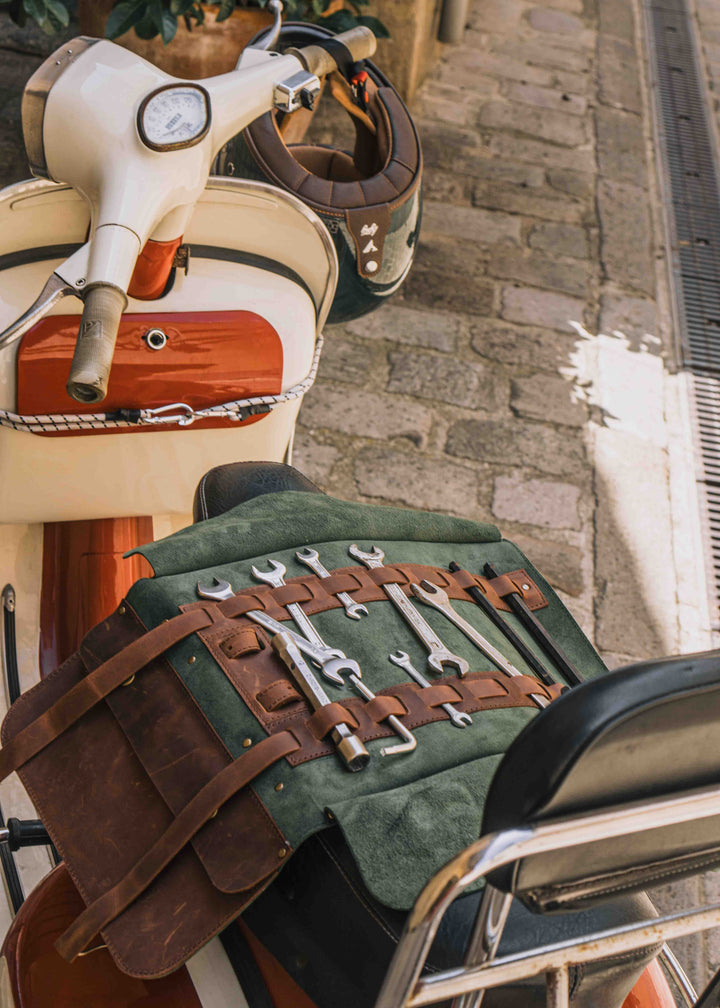 Custom handcrafted green and brown genuine leather motorcycle tool roll with removable strap, brass rings and clips, personalized biker tool bag