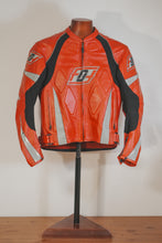 Men’s red motorcycle leather jacket on a mannequin — front view with Fashion Racing logo