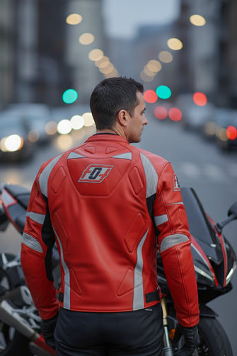 Man wearing red leather motorcycle jacket by Fashion Racing, standing beside a sportbike on a city street at dusk